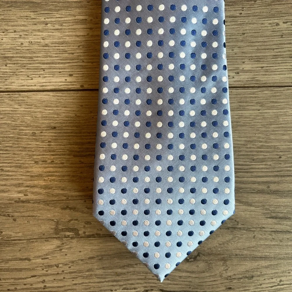 Geoffrey Beene Men’s Neck Tie Polka Dot Print Blue Silk Workwear Dressy Formal